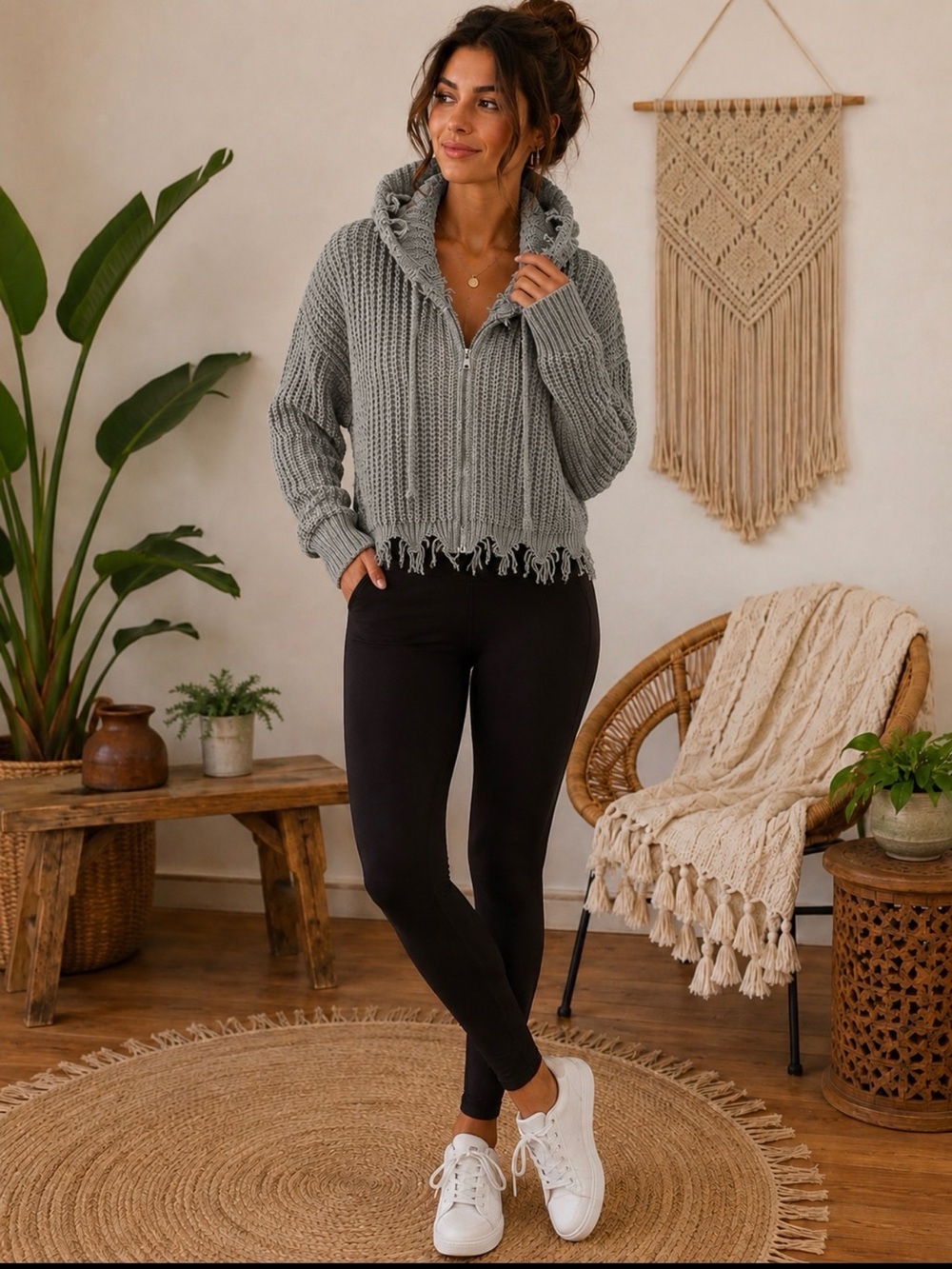 Elan Light Gray Ribbed Zip-Front Hooded Sweater with Fringed Hem